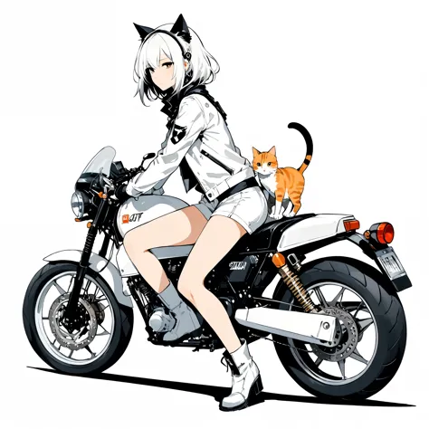 in style of Ashley Wood,
1girl,white_background,street costumes,squatting next to a cute appearance motorcycle,there was a cat lying on the cute appearance motorcycle,white_background,minimalist cartoon style,from_side,medium_shot,