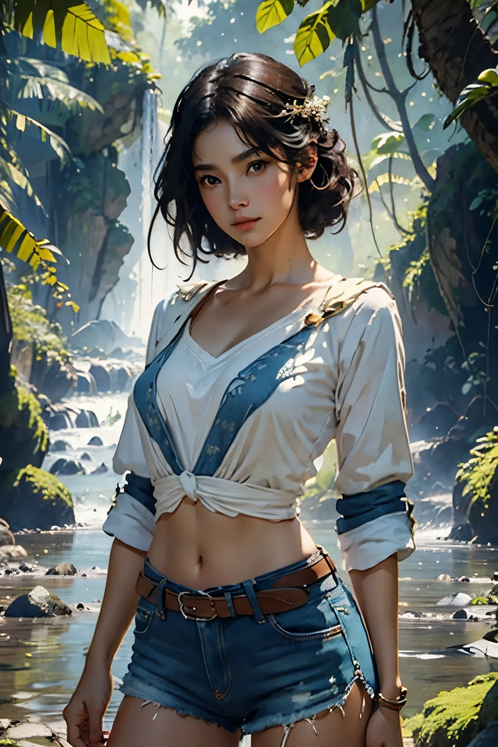 (Huge and amazing photos of the Goddess, Very hot and sexy, Wearing denim shorts, White top, Wear a survival knife on your waist、beauty, Perfect Proportions, Cute body, スリムなボディのbeauty:1.2), Woman silhouette,View from the front, Jungle Waterside、open air, Ray Tracing、Bright sunlight、rich vegetation、((Artwork, Highest quality, High resolution)), ((Highly detailed 8K uniform CG wallpaper)), 