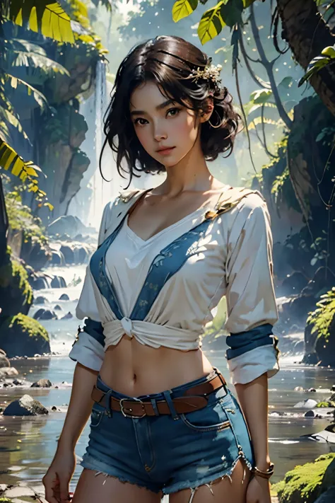 (huge and amazing photos of the goddess, very hot and sexy, wearing denim shorts, white top, wear a survival knife on your waist...