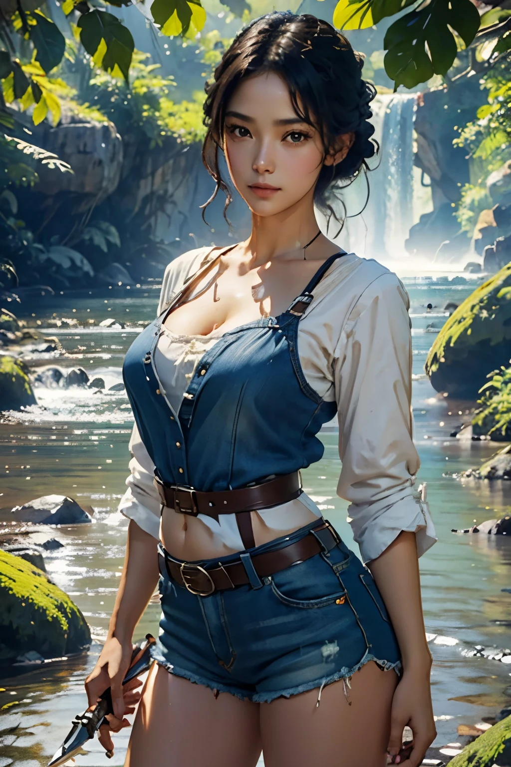 (Huge and amazing photos of the Goddess, Very hot and sexy, Wearing denim shorts, White top, Wear a survival knife on your waist、beauty, Perfect Proportions, Cute body, スリムなボディのbeauty:1.2), Woman silhouette,View from the front, Jungle Waterside、open air, Ray Tracing、Bright sunlight、rich vegetation、((Artwork, Highest quality, High resolution)), ((Highly detailed 8K uniform CG wallpaper)), 