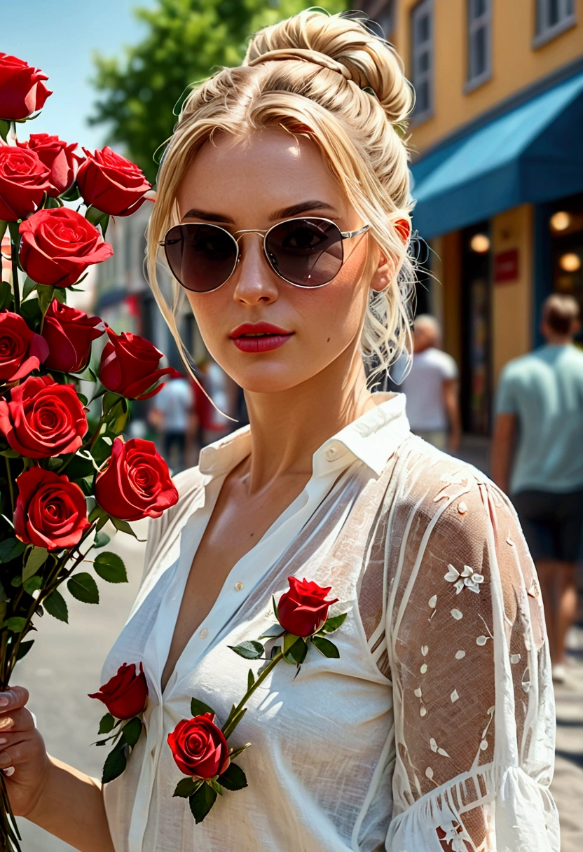 Detailed portrait of a beautiful woman walking down the street holding a bouquet of red roses, Her blonde hair is tied up in a messy bun, (casual wear: 1.1), See-through blouse in white summer material, sunglass on head. , Flowers on the background, store, outdoor, sunny day, (best quality, 4K,8k, high resolution, masterpiece:1.2), very detailed,(realistic, photorealistic, photorealistic:1.37),HDR,uhd, studio lighting, Ultra Fine Painting, sharp focus, Physically Based Rendering, high detail, professional, vivid colors, bokeh, portrait