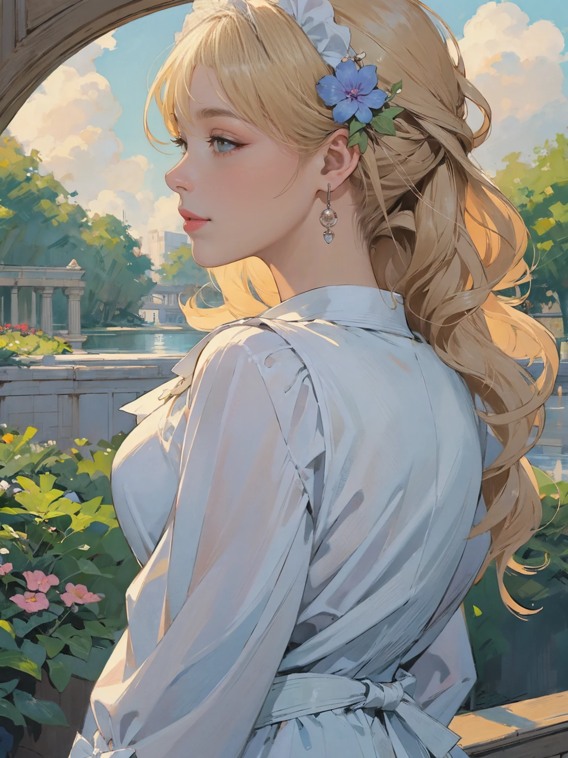 (masterpiece:1.1),(super realistic:1.0)(extremely detailed, intricate details, highres,2.5d:1.1),(profile photo), 1girl, (medium shot), beautiful woman,(Violet Evergarden:1.3), makeup, large breasts,(eye line:1.2), mascara, BREAK (bowtie), (Detailed Maid:1.4),crepe_fabric_Detailed_Clothes,puffies_long_Detailed_sleeves, soft shadow to face, BREAK (background is pale tone:1.4), (background is beautiful gorgeous garden), (lot of flower), Create a luxurious atmosphere, organic shape and Nature-inspired garden, BREAK (Art Nouveau:1.4), flowing lines, organic shape, complex pattern, (elegant forms, Natural Inspiration),(Wonderland, Fantasy,:1.3),(Rainbow,flower tree,sweets Clouds:1.5),(yumekawa,yumekawaii,pastel color:1.3),(sweets garden:1.3),(land of sweets,confections,rainbow arch:1.3),(Sugar confectionery,round rainbow frame:1.3),bloom,blue sky,