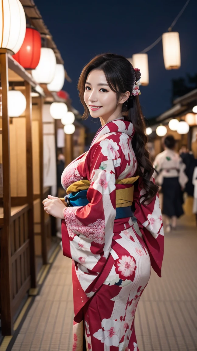 Mature attractive sexy woman,50 years old, ((kimono)),(((kimono))),Shut,((Big Breasts:1.2)),(Facial wrinkles:1.3),light makeup,Light brown hair,Long Hair,(Full body photo:0.85),(Emphasize big buttocks),8k, RAW Photos, Highest quality, Laughter,masterpiece,Highest quality、A kind smile、A captivating gaze、Random Hairstyles、Summer festival、Night food stalls、light up、landscape、seems to be happy、