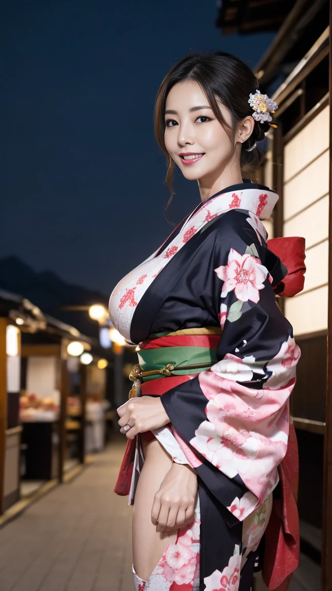 Mature attractive sexy woman,50 years old, ((kimono)),(((kimono))),Shut,((Big Breasts:1.2)),(Facial wrinkles:1.3),light makeup,Light brown hair,Long Hair,(Full body photo:0.85),(Emphasize big buttocks),8k, RAW Photos, Highest quality, Laughter,masterpiece,Highest quality、A kind smile、A captivating gaze、Random Hairstyles、Summer festival、Night food stalls、light up、landscape、seems to be happy、