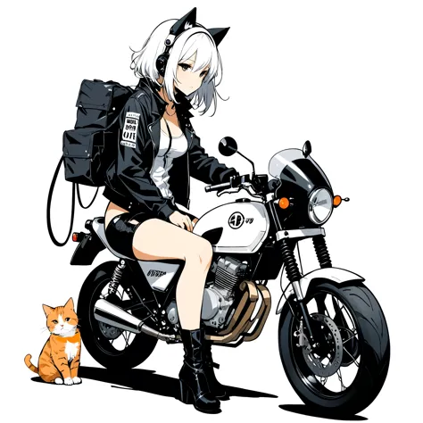 in style of Ashley Wood,
1girl,white_background,street costumes,squatting next to a cute appearance motorcycle,there was a cat lying on the cute appearance motorcycle,white_background,minimalist cartoon style,from_side,medium_shot,