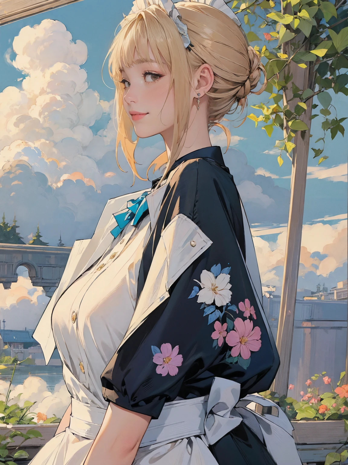 (masterpiece:1.1),(super realistic:1.0)(extremely detailed, intricate details, highres,2.5d:1.1),(profile photo), 1girl, (medium shot), beautiful woman,(Violet Evergarden:1.3), makeup, large breasts,(eye line:1.2), mascara, BREAK (bowtie), (Detailed Maid:1.4),crepe_fabric_Detailed_Clothes,puffies_long_Detailed_sleeves, soft shadow to face, BREAK (background is pale tone:1.4), (background is beautiful gorgeous garden), (lot of flower), Create a luxurious atmosphere, organic shape and Nature-inspired garden, BREAK (Art Nouveau:1.4), flowing lines, organic shape, complex pattern, (elegant forms, Natural Inspiration),(Wonderland, Fantasy,:1.3),(Rainbow,flower tree,sweets Clouds:1.5),(yumekawa,yumekawaii,pastel color:1.3),(sweets garden:1.3),(land of sweets,confections,rainbow arch:1.3),(Sugar confectionery,round rainbow frame:1.3),bloom,blue sky,cowboy_shot