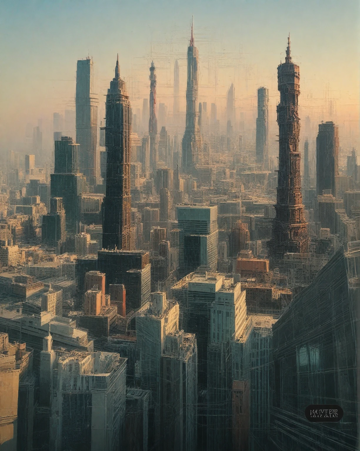 there is a drawing of a city with a clock tower, insanely highly detailed artwork, realistic painting of a complex, complex layered composition!!, expansive detailed layered city, realistic intricate concept art, big and structured valhalla city, multi layered huge architectures, insanely detailed art, atelier olschinsky, intricate cyberpunk city, intricate matte painting, intricate concept art