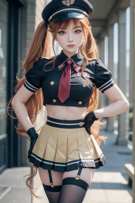 24 years old woman, harley qiunn, golden brown hair with two ponytails, pale skin , hat, сзади, serafuku, midriff, red neckerchi...