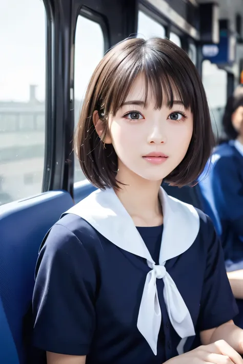 Beautiful girl on the bus, (Highest quality:1.4), (Very detailed), (Very detailed美しい顔), (Looking Outside:1.4), japanese sailor s...