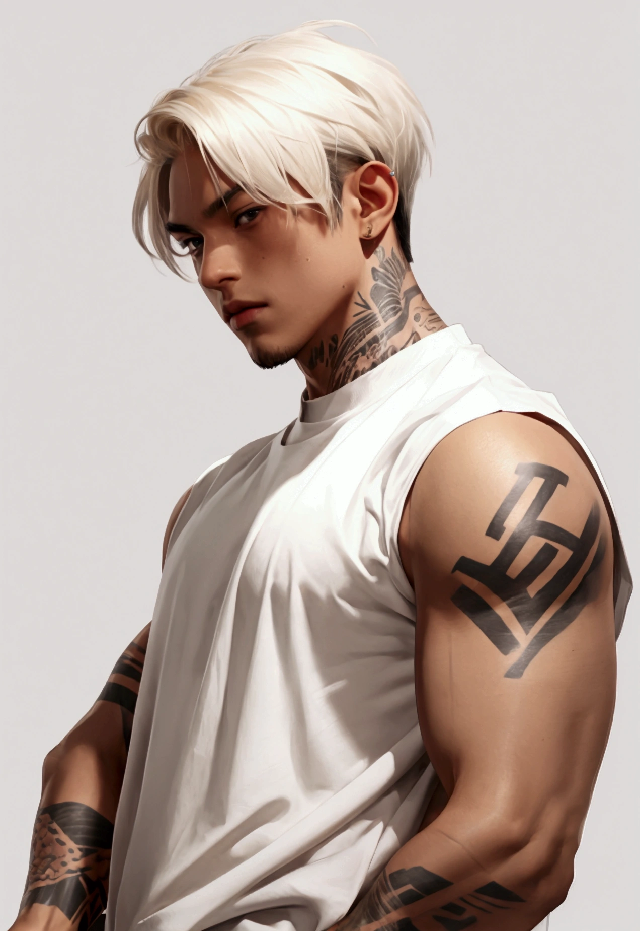 A man with tan skin, tattoos in his arms, white shirt 