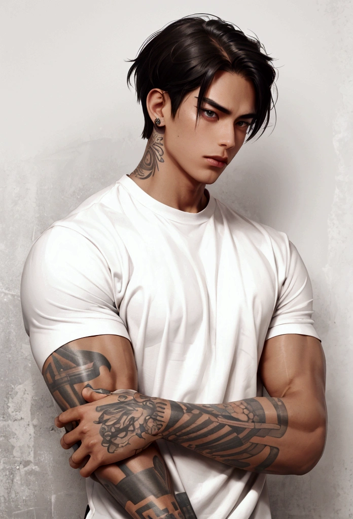 A man with tan skin, tattoos in his arms, white shirt 