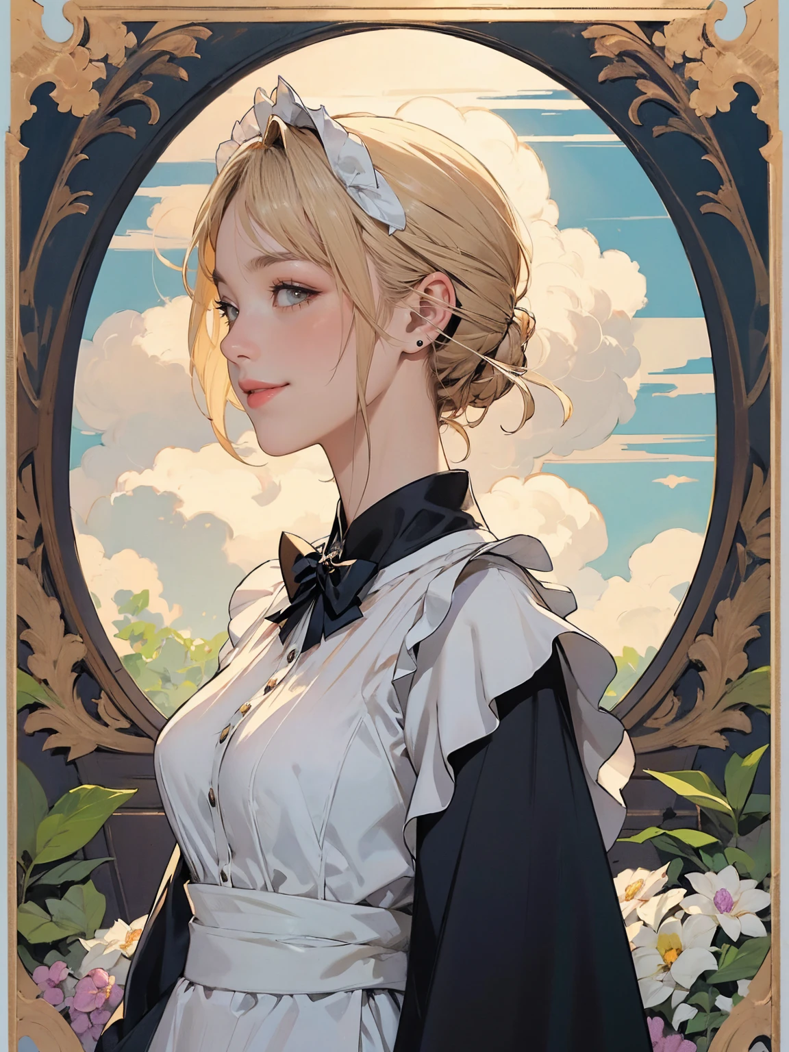 (masterpiece:1.1),(super realistic:1.0)(extremely detailed, intricate details, highres,2.5d:1.1),(profile photo), 1girl, (medium shot), beautiful woman,(Violet Evergarden:1.3), makeup, large breasts,(eye line:1.2), mascara, BREAK (bowtie), (Detailed Maid:1.4),crepe_fabric_Detailed_Clothes,puffies_long_Detailed_sleeves, soft shadow to face, BREAK (background is pale tone:1.4), (background is beautiful gorgeous garden), (lot of flower), Create a luxurious atmosphere, organic shape and Nature-inspired garden, BREAK (Art Nouveau:1.4), flowing lines, organic shape, complex pattern, (elegant forms, Natural Inspiration),(Wonderland, Fantasy,:1.3),(Rainbow,flower tree,sweets Clouds:1.5),(yumekawa,yumekawaii,pastel color:1.3),(sweets garden:1.3),(land of sweets,confections,rainbow arch:1.3),(Sugar confectionery,round rainbow frame:1.3),bloom,blue sky,cowboy_shot