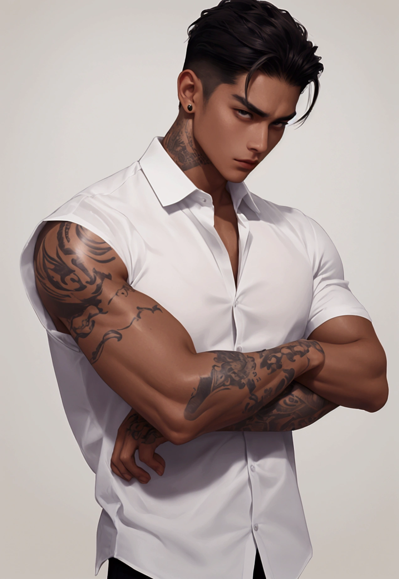 A man with tan skin, tattoos in his arms, white shirt 