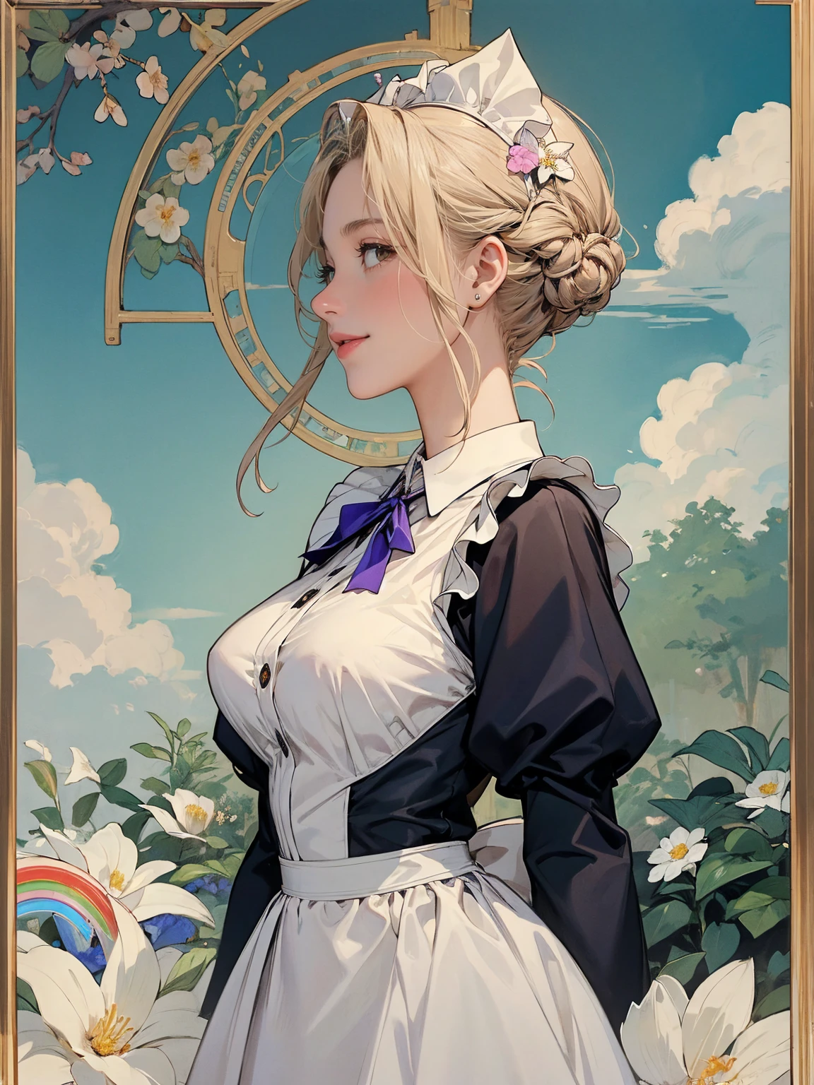 (masterpiece:1.1),(super realistic:1.0)(extremely detailed, intricate details, highres,2.5d:1.1),(profile photo), 1girl, (medium shot), beautiful woman,(Violet Evergarden:1.3), makeup, large breasts,(eye line:1.2), mascara, BREAK (bowtie), (Detailed Maid:1.4),crepe_fabric_Detailed_Clothes,puffies_long_Detailed_sleeves, soft shadow to face, BREAK (background is pale tone:1.4), (background is beautiful gorgeous garden), (lot of flower), Create a luxurious atmosphere, organic shape and Nature-inspired garden, BREAK (Art Nouveau:1.4), flowing lines, organic shape, complex pattern, (elegant forms, Natural Inspiration),(Wonderland, Fantasy,:1.3),(Rainbow,flower tree,sweets Clouds:1.5),(yumekawa,yumekawaii,pastel color:1.3),(sweets garden:1.3),(land of sweets,confections,rainbow arch:1.3),(Sugar confectionery,round rainbow frame:1.3),bloom,blue sky,cowboy_shot