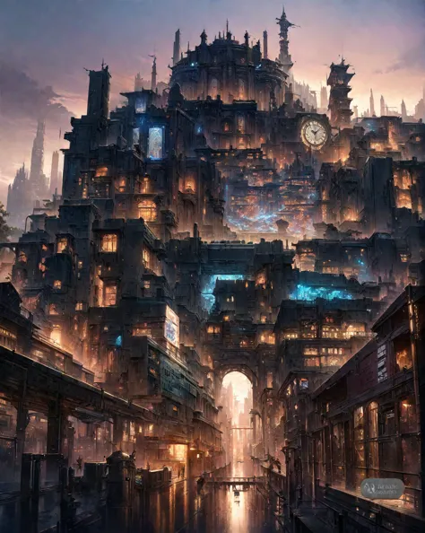 there is a drawing of a city with a clock tower, insanely highly detailed artwork, realistic painting of a complex, complex laye...