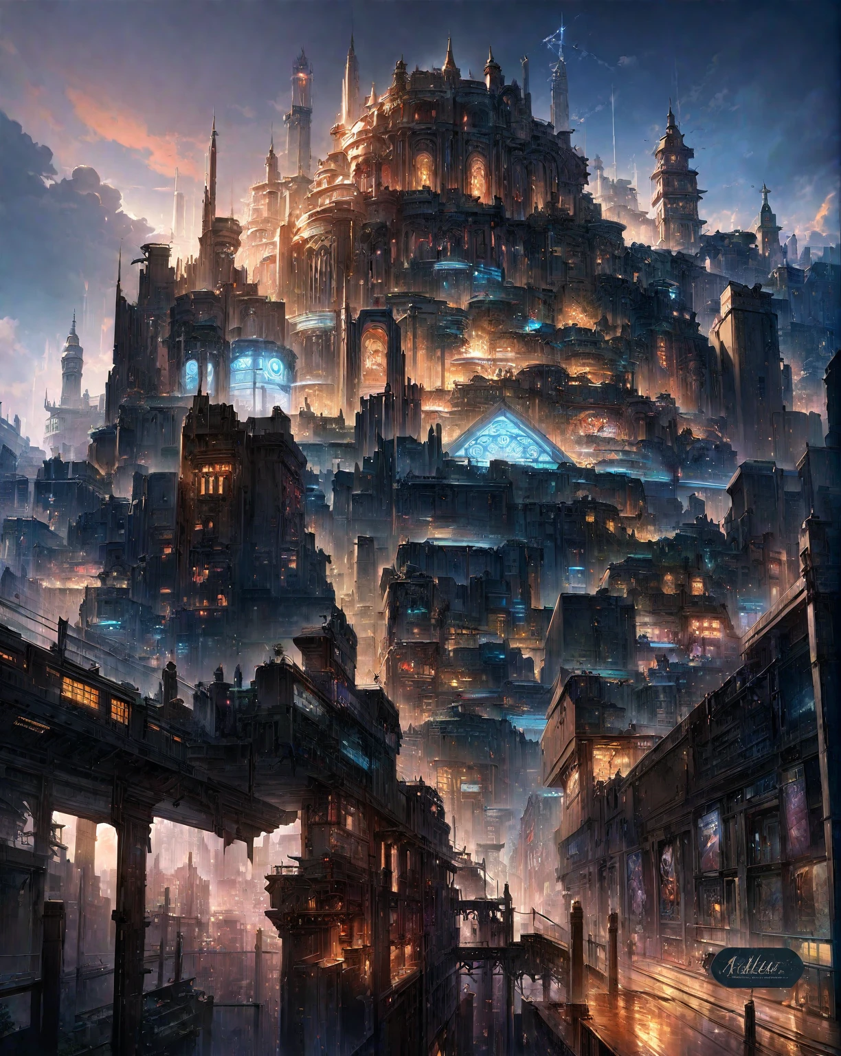 there is a drawing of a city with a clock tower, insanely highly detailed artwork, realistic painting of a complex, complex layered composition!!, expansive detailed layered city, realistic intricate concept art, big and structured valhalla city, multi layered huge architectures, insanely detailed art, atelier olschinsky, intricate cyberpunk city, intricate matte painting, intricate concept art