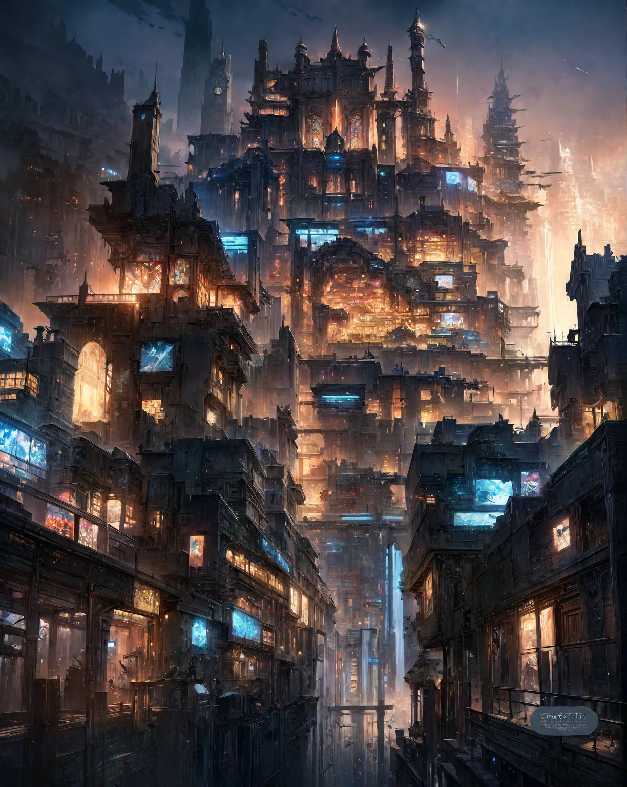 there is a drawing of a city with a clock tower, insanely highly detailed artwork, realistic painting of a complex, complex layered composition!!, expansive detailed layered city, realistic intricate concept art, big and structured valhalla city, multi layered huge architectures, insanely detailed art, atelier olschinsky, intricate cyberpunk city, intricate matte painting, intricate concept art