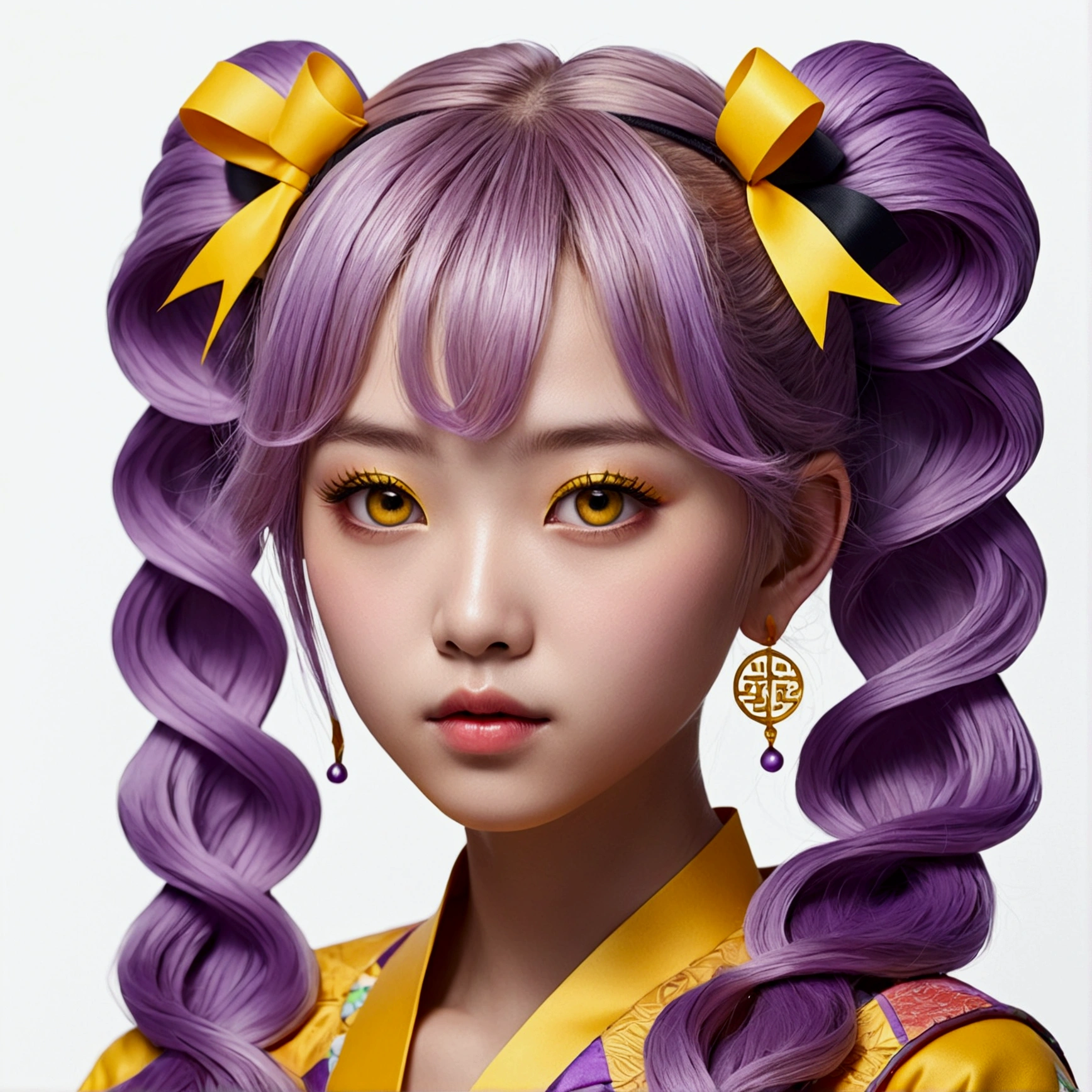 (White Background:1.4),(Girl&#39;s head silhouette, close your eyes, Colorful long hair, Oriental elements)，(((Young face))),((Short))、(((Round face)))、(((Yellow Eyes)))、(((Light purple hair)))、((Twin tails long enough to reach the ground))、(((long hair)))、(Black Ribbon)、(Chinese illustration:1.3，Paper Art:1.3, Quilting Paper Art:1.2),( Streamlined Design, Clear lines, High Sharpness,Highest quality, Very detailed, Tabletop, Cinematic lighting effects, 4K )