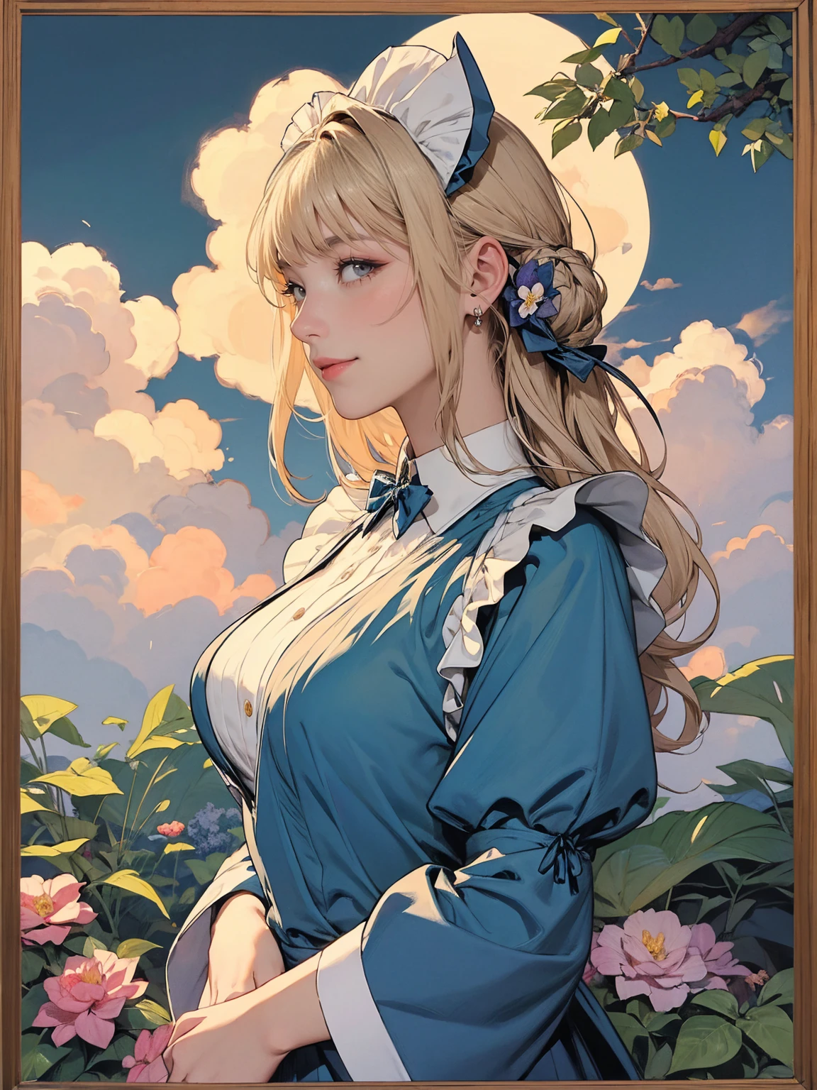 (masterpiece:1.1),(super realistic:1.0)(extremely detailed, intricate details, highres,2.5d:1.1),(profile photo), 1girl, (medium shot), beautiful woman,(Violet Evergarden:1.3), makeup, large breasts,(eye line:1.2), mascara, BREAK (bowtie), (Detailed Maid:1.4),crepe_fabric_Detailed_Clothes,puffies_long_Detailed_sleeves, soft shadow to face, BREAK (background is pale tone:1.4), (background is beautiful gorgeous garden), (lot of flower), Create a luxurious atmosphere, organic shape and Nature-inspired garden, BREAK (Art Nouveau:1.4), flowing lines, organic shape, complex pattern, (elegant forms, Natural Inspiration),(Wonderland, Fantasy,:1.3),(Rainbow,flower tree,sweets Clouds:1.5),(yumekawa,yumekawaii,pastel color:1.3),(sweets garden:1.3),(land of sweets,confections,rainbow arch:1.3),(Sugar confectionery,round rainbow frame:1.3),bloom,blue sky,cowboy_shot, look away