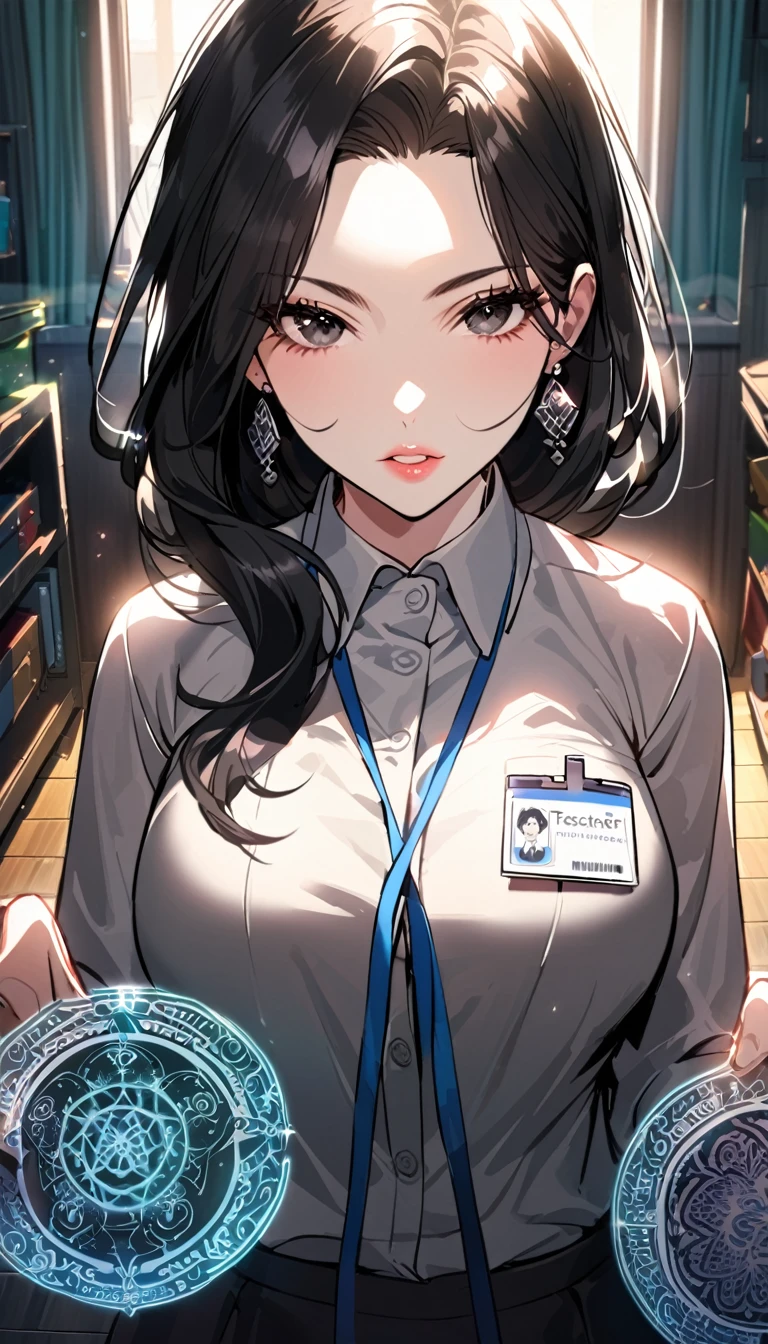 1woman,matured face,curtain hair forehead(long black hair),eyes,black eyes,teacher,teacher outfit, beautiful, colourful classroom background,standing attentive pose, neutral,stoic,facing the viewer,wearing an ID card,earrings,juicy full lips,magic circle in the background, portrait , cinematic lighting,