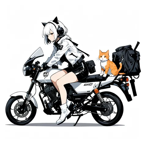 in style of Ashley Wood, 1girl,white_background,street costumes,squatting next to a cute appearance motorcycle,there was a cat lying on the cute appearance motorcycle,white_background,minimalist cartoon style,from_side,medium_shot,