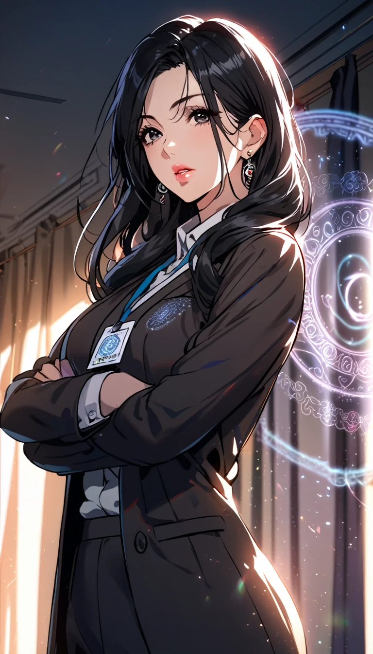 1woman,matured face,curtain hair forehead(long black hair),eyes,black eyes,teacher,teacher outfit, beautiful, colourful classroom background,standing attentive pose, neutral,stoic,facing the viewer,wearing an ID card,earrings,juicy full lips,magic circle in the background, cinematic lighting,