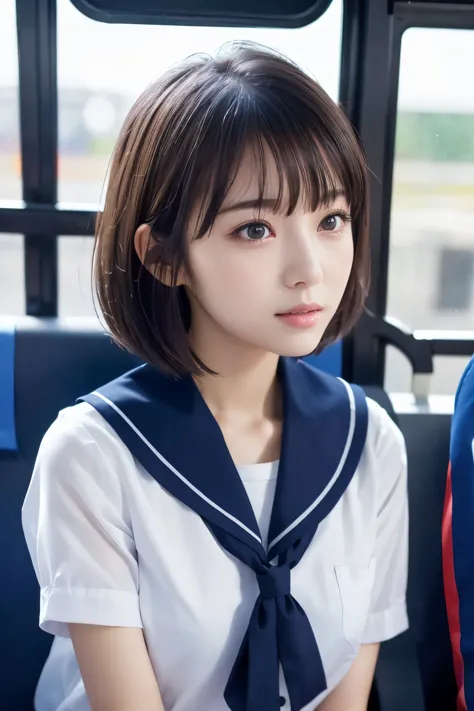 Beautiful girl on the bus, (Highest quality:1.4), (Very detailed), (Very detailed美しい顔), (Looking Outside:1.4), 日本のSailor suit, Great face and eyes, iris, Bob Hair, Black Hair, (Skinny body type:1.2), (Sailor suit, school uniform:1.2), Short sleeve, Smooth, Very detailed CG 統合 8k 壁紙, High-resolution RAW color photos, Professional photography, Light, BackLight, dream-like, impressive, Written boundary depth