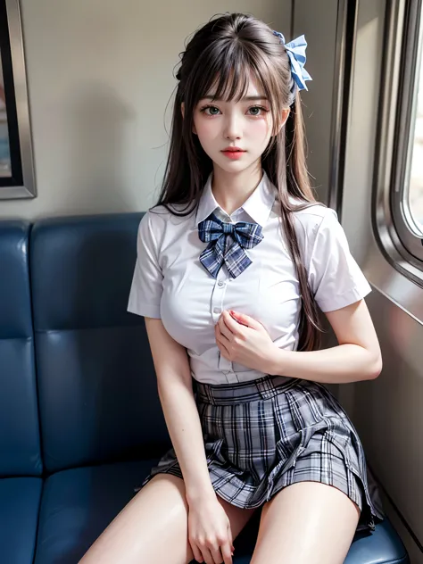(masterpiece:1.2, Highest quality), (Realistic, photoRealistic:1.4), in the train、
View your viewers, whole body, Front view:0.6, 
1 girl, Japanese, high School girl, (Long Hair:1.5), Hair fluttering, (Half Up, Half Updo), bangs, Hair between the eyes, Big Breasts:0.8, 
Beautiful Hair, Beautiful Face, Beautiful Eyes, Beautiful clavicle, Beautiful body, Beautiful breasts, Beautiful thighs, Beautiful feet, Beautiful fingers, 
(Beautiful views), , School,
((Collared short-sleeved shirt, White shirt, , Grey plaid pleated skirt, Blue checked bow tie)), White panties, 
(Are standing, , Please lift your skirt, Grab the hem of your skirt, Please place your hand on your chest, Place your hands between your legs), 
blush, 