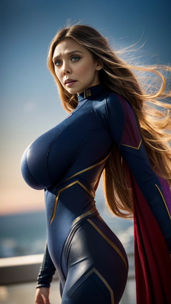 (Elizabeth Olsen) as Sue Storm from Fantastic Four, wearing futuristic navy blue suit with fantastic four emblem on chest, ((big breasts)),(bare breasts),(toples:1.5),Perfect Facial Features, photo portrait, hyper realistic, ideal face template, full body, superhero pose, Fujifilm X-T3, 1/1250sec at f/2.8, ISO 160, 84mm, bokeh city background,b1mb0