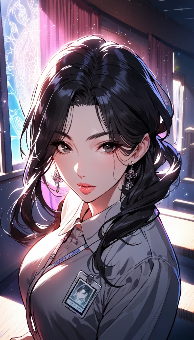 1woman,matured face,curtain hair forehead(long black hair),eyes,black eyes,teacher,teacher outfit, beautiful, colourful classroom background,standing attentive pose, neutral,stoic,facing the viewer,wearing an ID card,earrings,juicy full lips,magic circle in the background, cinematic lighting,