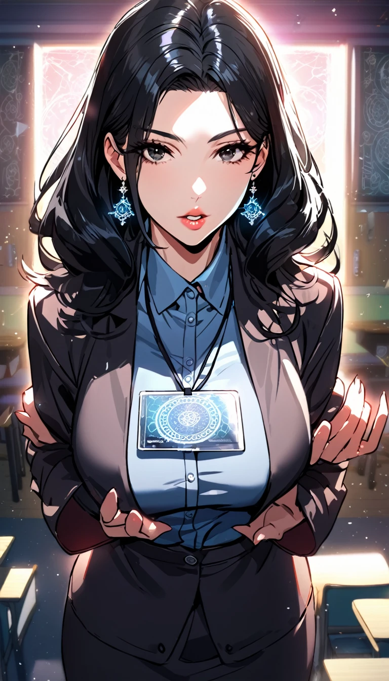 1woman,matured face,curtain hair forehead(long black hair),eyes,black eyes,teacher,teacher outfit, beautiful, colourful classroom background,standing attentive pose, neutral,stoic,facing the viewer,wearing an ID card,earrings,juicy full lips,magic circle in the background, cinematic lighting,