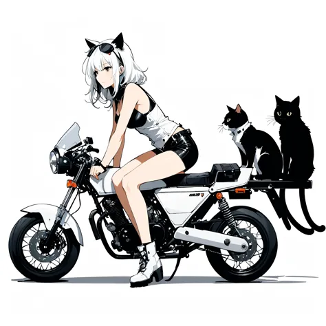 in style of Ashley Wood, 1girl,white_background,street costumes,squatting next to a cute appearance motorcycle,there was 3 cats lying on the cute appearance motorcycle,white_background,minimalist cartoon style,from_side,medium_shot,