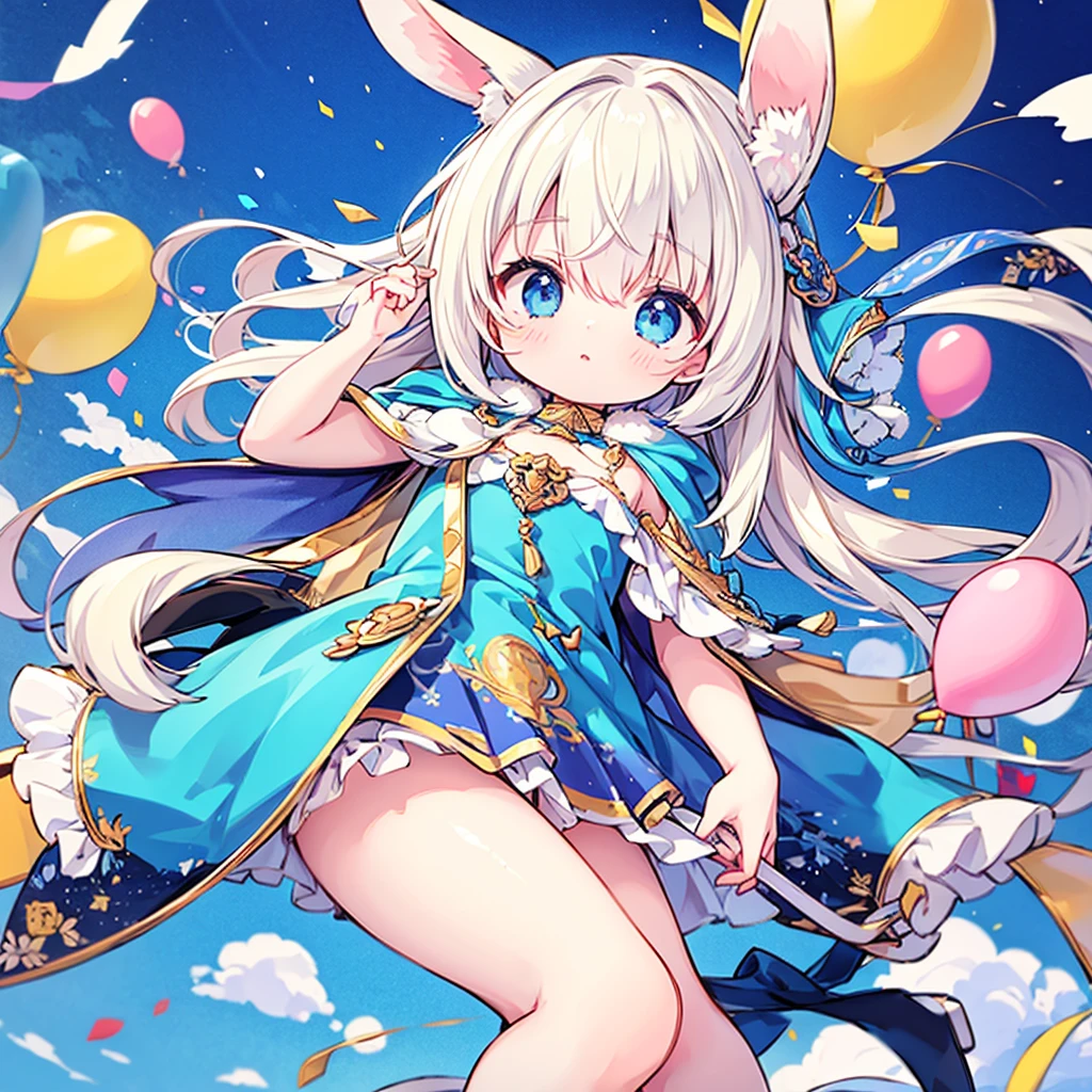 Highest quality、masterpiece、Official Art、16K、Super Fine、so beautiful、Ultra-fine、small、cute、Fly in the blue sky with lots of balloons、Blue costume with hood and rabbit ears、A world of soft and gentle pastel colors、anime