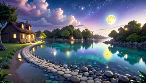 a beautiful calm and peaceful lagoon that reflects the brightness of the stars and moonlight, the stars and the moon have a yell...