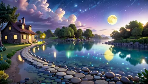 a beautiful calm and peaceful lagoon that reflects the brightness of the stars and moonlight, the stars and the moon have a yell...