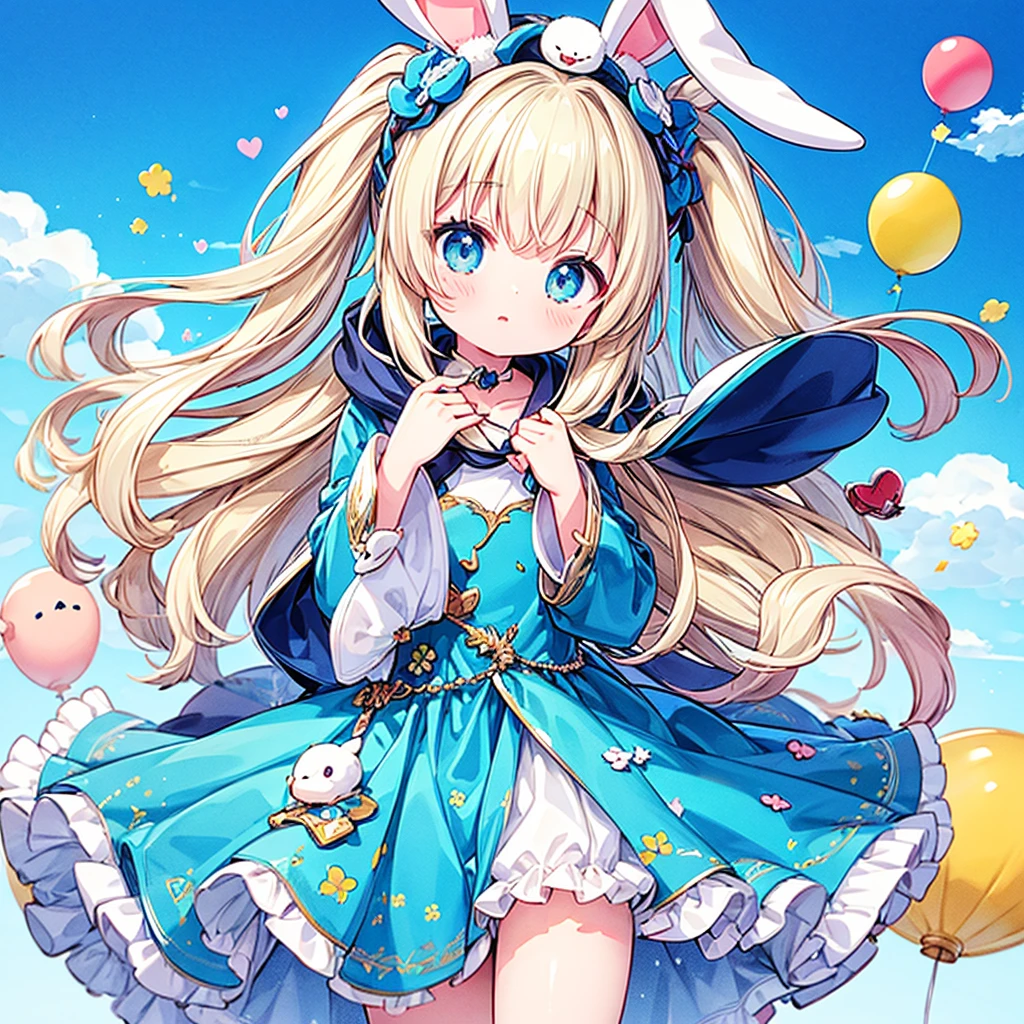 Highest quality、masterpiece、Official Art、16K、Super Fine、so beautiful、Ultra-fine、small、cute、Fly in the blue sky with lots of balloons、Blue costume with hood and rabbit ears、A world of soft and gentle pastel colors、anime