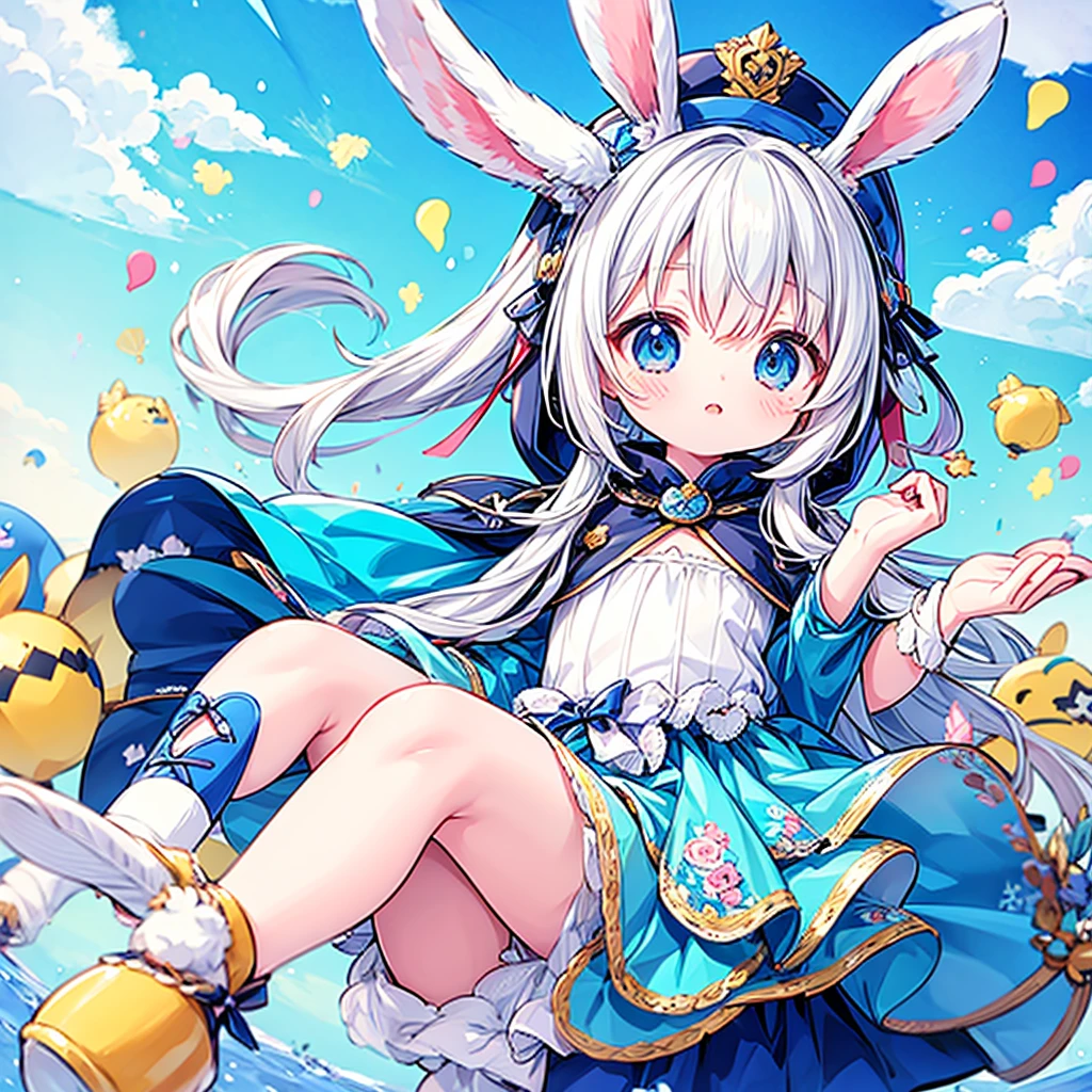 Highest quality、masterpiece、Official Art、16K、Super Fine、so beautiful、Ultra-fine、small、cute、Fly in the blue sky with lots of balloons、Blue costume with hood and rabbit ears、A world of soft and gentle pastel colors、anime