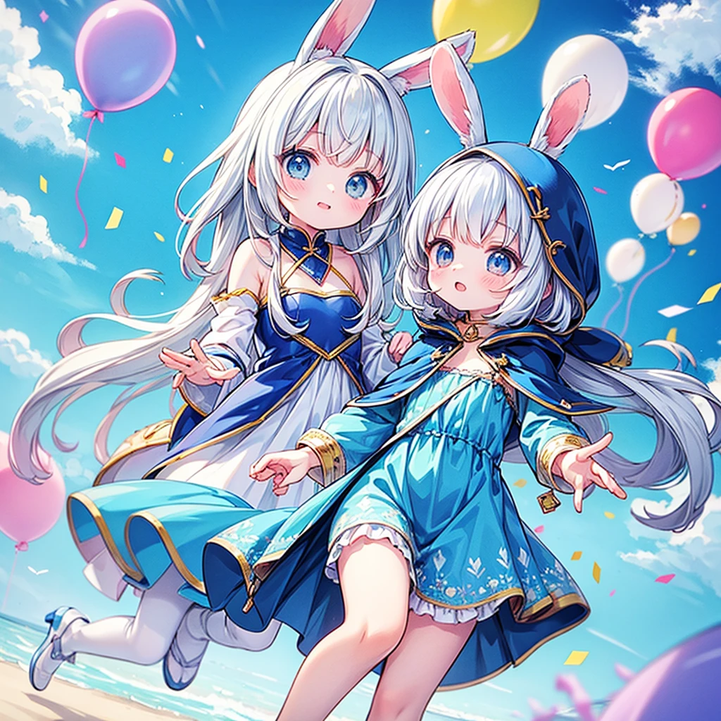 Highest quality、masterpiece、Official Art、16K、Super Fine、so beautiful、Ultra-fine、small、cute、Fly in the blue sky with lots of balloons、Blue costume with hood and rabbit ears、A world of soft and gentle pastel colors、anime