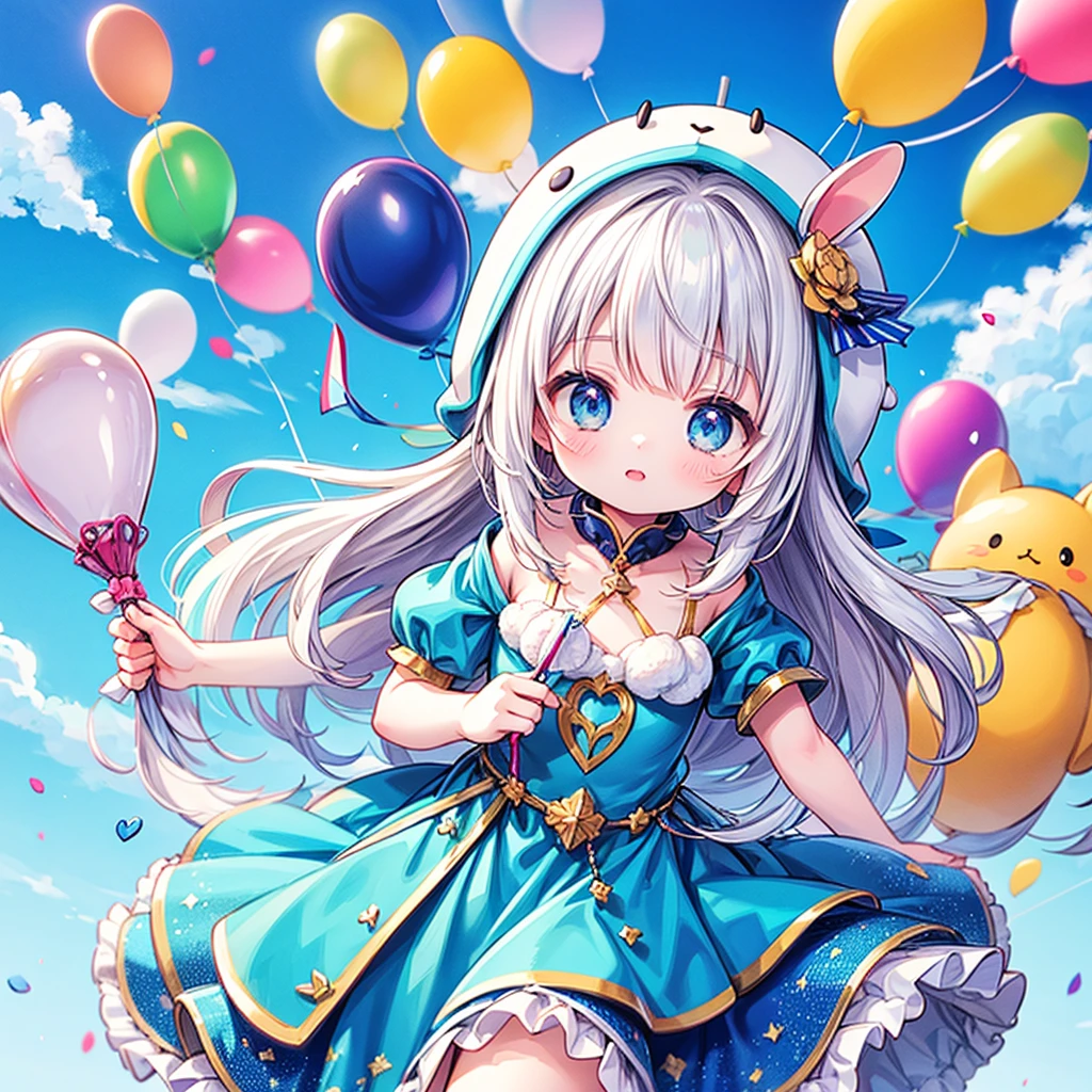 Highest quality、masterpiece、Official Art、16K、Super Fine、so beautiful、Ultra-fine、small、cute、Fly in the blue sky with lots of balloons、Blue costume with hood and rabbit ears、A world of soft and gentle pastel colors、anime