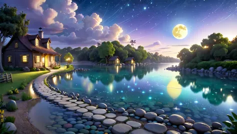 a beautiful calm and peaceful lagoon that reflects the brightness of the stars and moonlight, the stars and the moon have a yell...