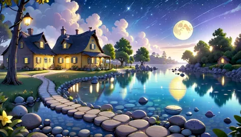 a beautiful calm and peaceful lagoon that reflects the brightness of the stars and moonlight, the stars and the moon have a yell...