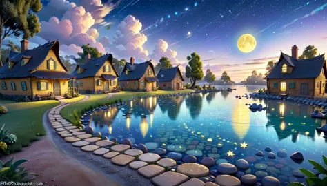 a beautiful calm and peaceful lagoon that reflects the brightness of the stars and moonlight, the stars and the moon have a yell...