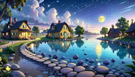 a beautiful calm and peaceful lagoon that reflects the brightness of the stars and moonlight, the stars and the moon have a yell...