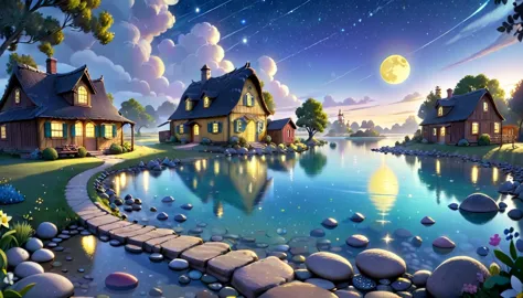 a beautiful calm and peaceful lagoon that reflects the brightness of the stars and moonlight, the stars and the moon have a yell...