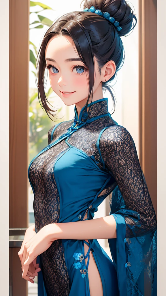 Highest quality、Realistic、girl、zoom、cute、Grey Eyes、Hair Bun、Chestnut Hair、Back to all、the forehead is protruding、Blue Chinese Dress、Looking down、Big smile、Bust Shot、thin、Small breasts