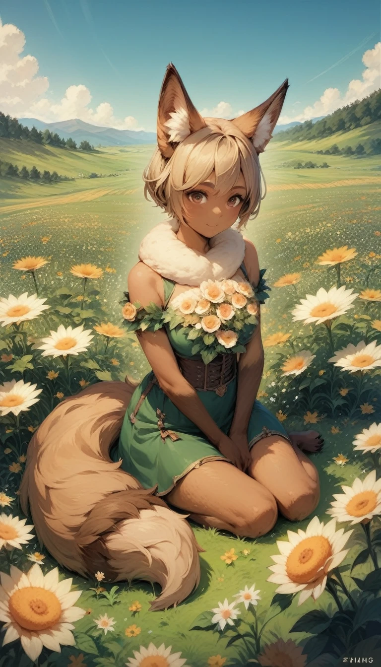 Fox, (monster Girl), With long brown ears、The inside is dark brown。, Brown fur, Tan neck hair, Brown fluffy tail with tan tip, Big brown eyes, Wear modest clothing, Sitting in a flower field, masterpiece, Highest quality