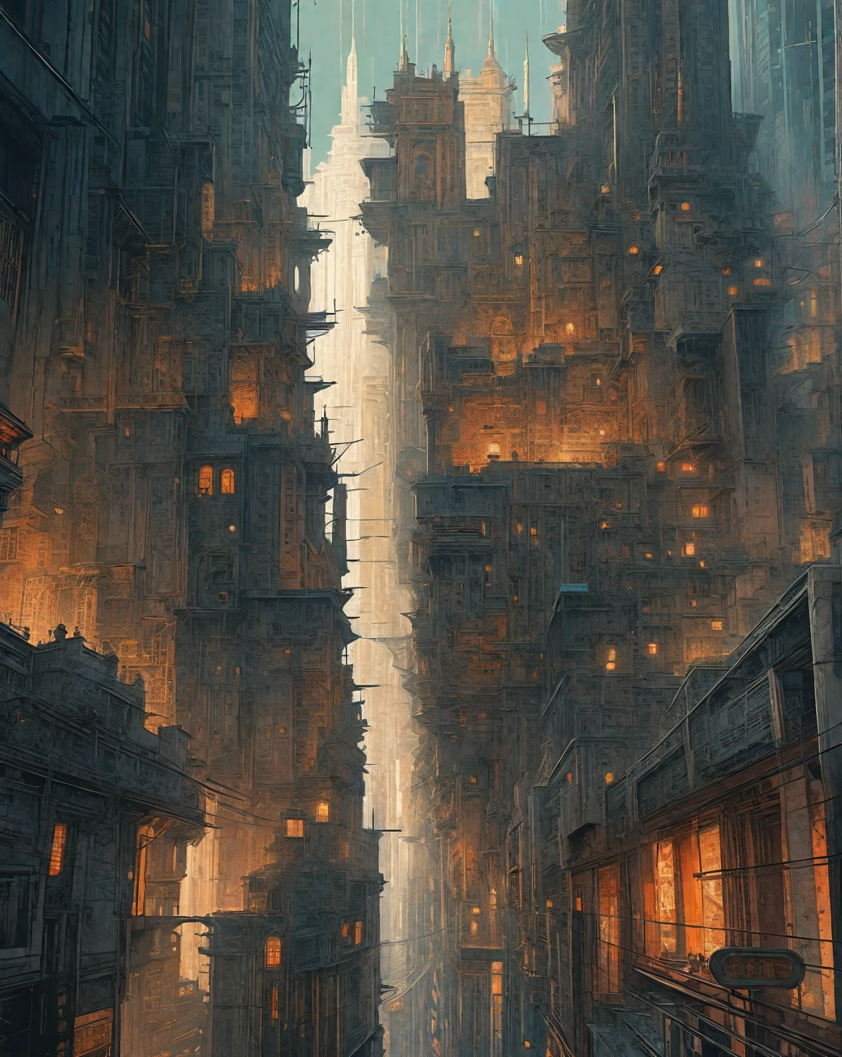 there is a drawing of a city with a clock tower, insanely highly detailed artwork, realistic painting of a complex, complex layered composition!!, expansive detailed layered city, realistic intricate concept art, big and structured valhalla city, multi layered huge architectures, insanely detailed art, atelier olschinsky, intricate cyberpunk city, intricate matte painting, intricate concept art