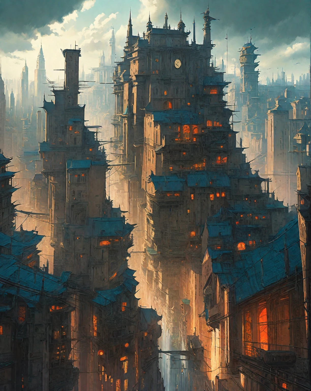 there is a drawing of a city with a clock tower, insanely highly detailed artwork, realistic painting of a complex, complex layered composition!!, expansive detailed layered city, realistic intricate concept art, big and structured valhalla city, multi layered huge architectures, insanely detailed art, atelier olschinsky, intricate cyberpunk city, intricate matte painting, intricate concept art