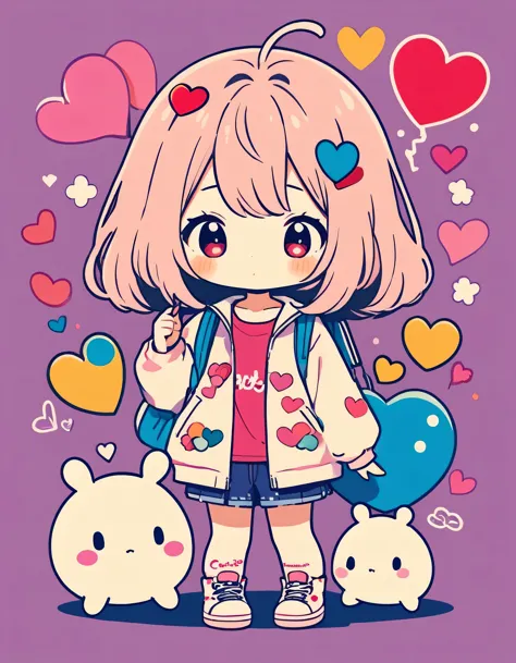 Momoko Sakura colorful style, Simple Line Initialism，Abstract art，Kawaii Design, The most beautiful girl of all time、chibi, (((Cute pillbugs))), colorful hearts, summer version