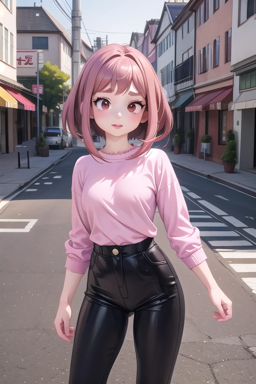 chica anime with a pink shirt and black pants standing in the middle of a street, anime realista 3 d style, arte cg anime suave, seductive chica anime, chica anime, Ilia Kuvshinov. 4k, chica anime in real life, anime realista, guweiz, attractive chica anime, obra de arte al estilo de guweiz, hyper anime realista ochako uraraka